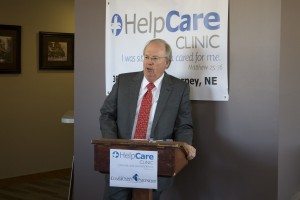 Dr. Ken Shaffer speaking at the press conference to open up the HelpCare clinic in 2015.  Shaffer had served on the planning committee for the clinic and now volunteers his time there. 